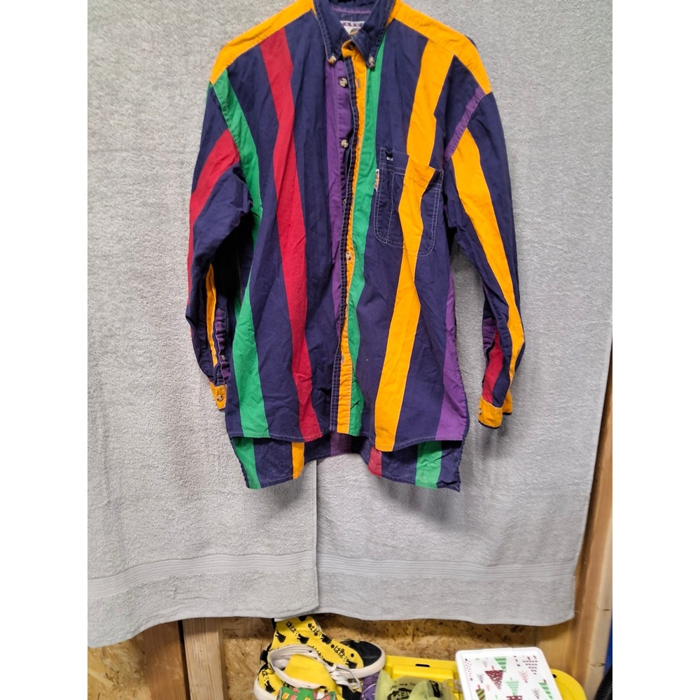 Vintage Casual Basics Mens Multi ColorVertical Stripe CottonButton DownShirt Med